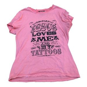 Pink, “Jesus Loves Me & My Tattoos” Tee